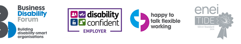 Logos for the Business Disability Forum, disability confident employer, happy to talk flexible working and enei TIDE silver standard