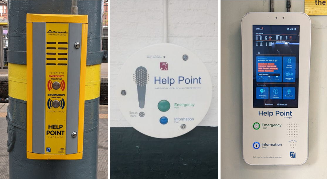 Examples of help points, left to right: Southport (Merseyrail), Cheltenham Spa (Great Western Railway) and Wigan North Western (Avanti West Coast)