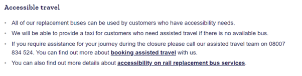 A screenshot of expert from on accessible travel Southeastern's page created for the Kingsferry Bridge engineering work.