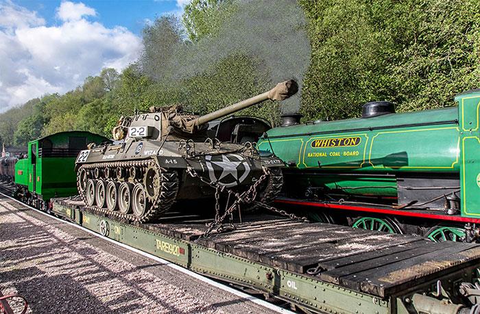 Photograph by Frank Richards with a World War II tank being transported on a heritage railway