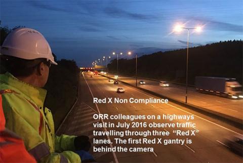 ORR colleagues on a highways visit in July 2016 observe traffic travelling through three "Red X" lanes. The first Red X gantry is behind the camera
